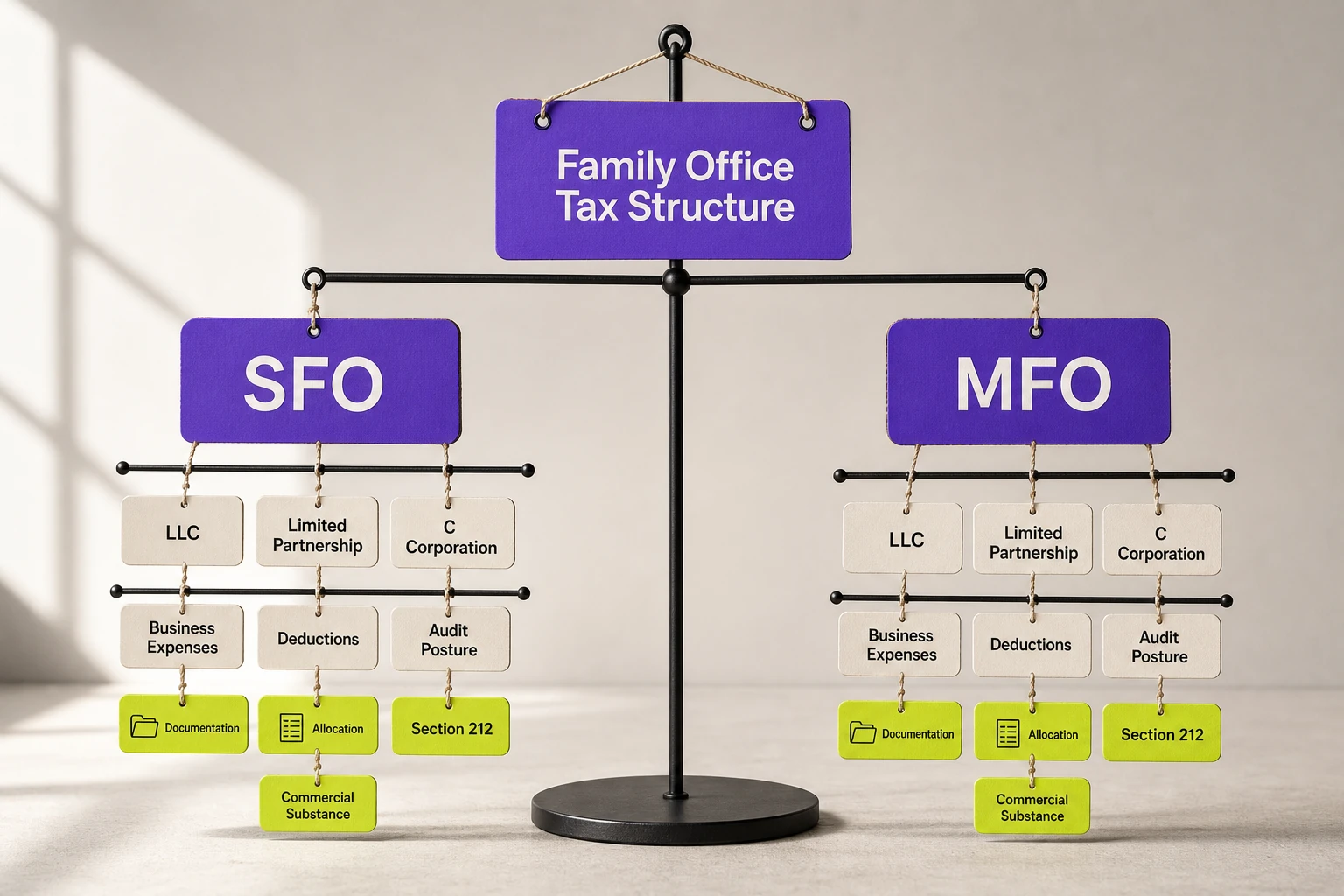 Editorial diagram of Family Office Tax Structure showing a central root splitting into SFO and MFO, with downstream nodes for LLC, Limited Partnership, C Corporation, Business Expenses, Deductions, and Audit Posture.
