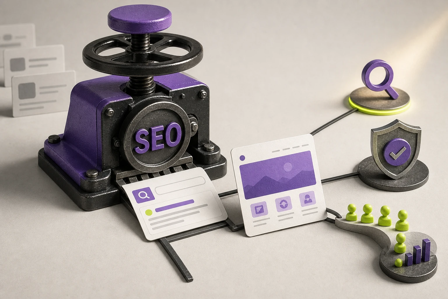 Editorial illustration showing SEO as a central engine connected to organic search visibility, trust signals, and qualified demand for a business website, explaining why SEO is important when ad spend fades.