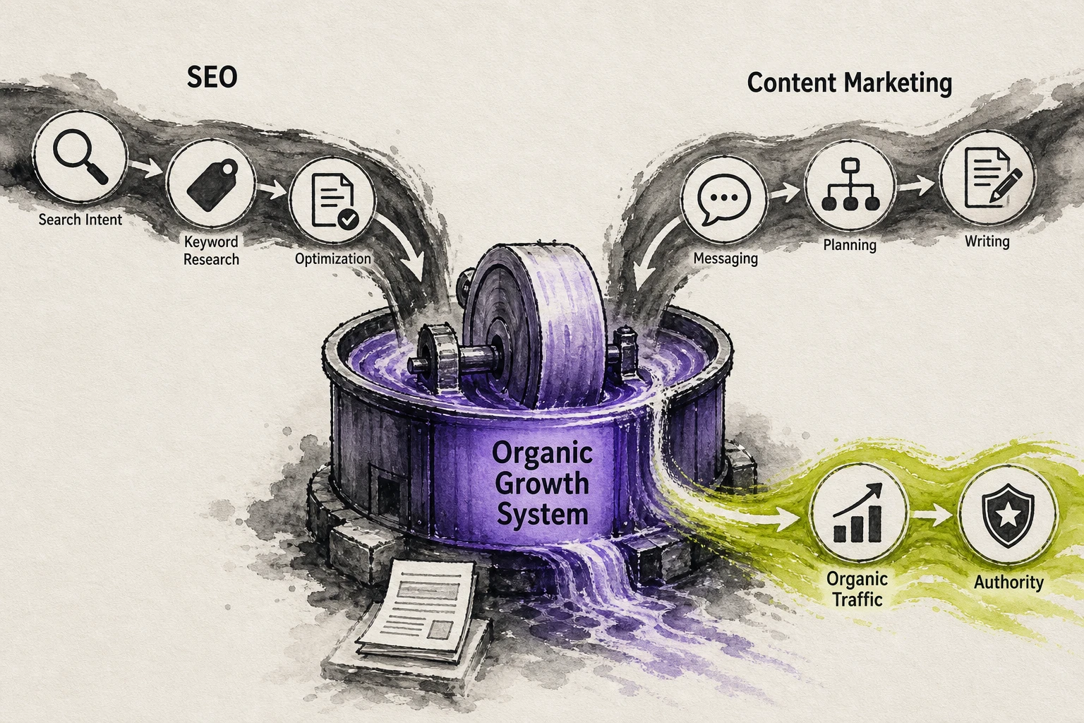 Editorial diagram showing SEO and content marketing as two labeled input streams feeding one shared organic growth system that leads to organic traffic and authority.