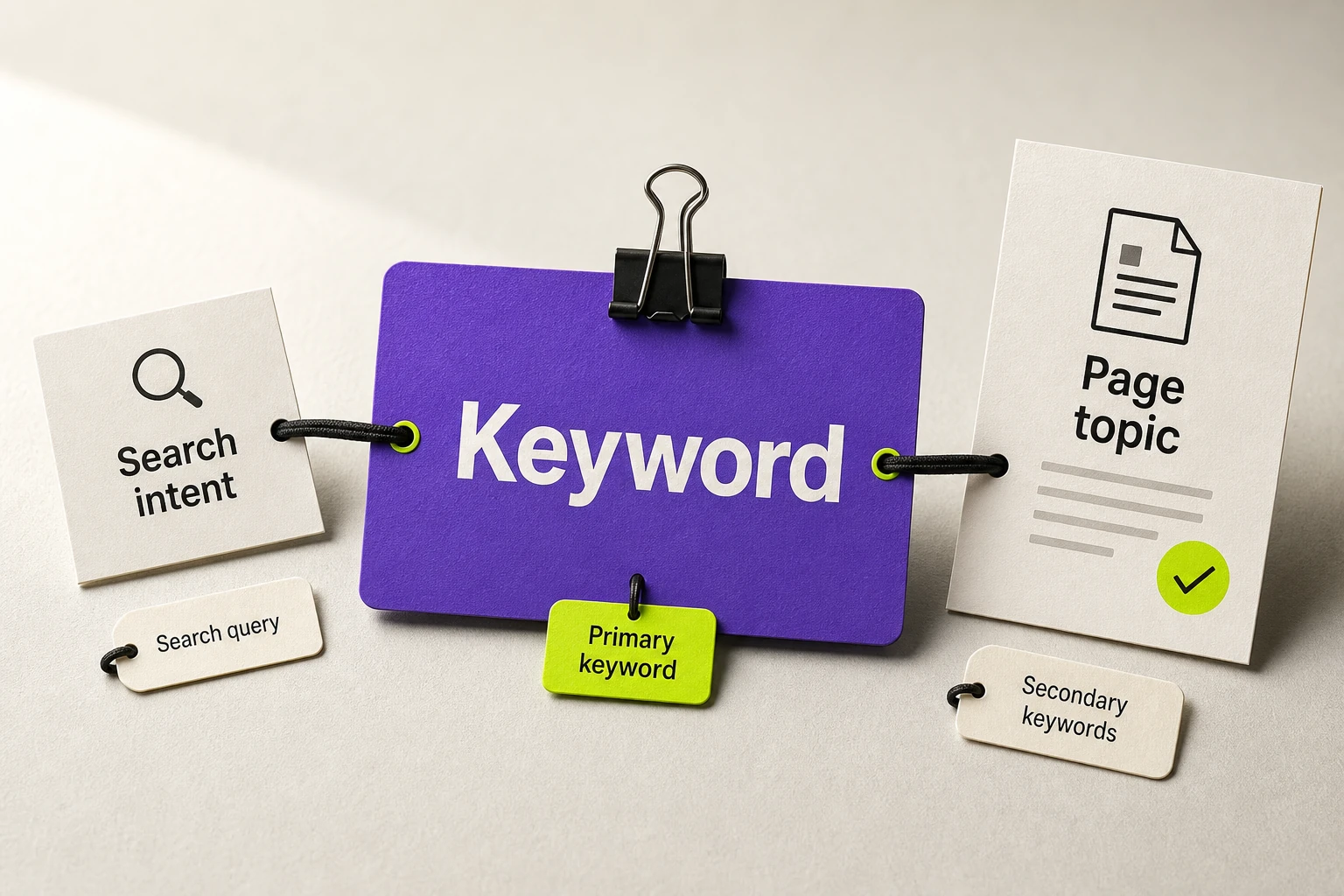 Editorial illustration showing what is keyword in SEO as a central keyword signal connecting search intent on the left to a matched page topic on the right.