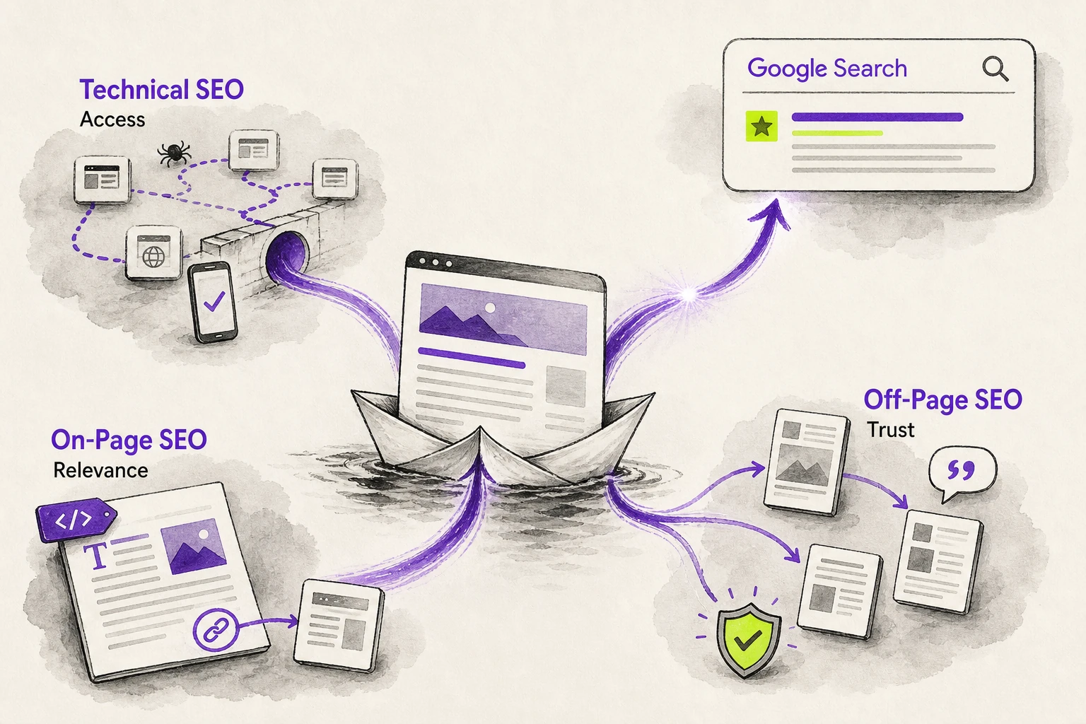 Diagram showing the Components of SEO as three connected modules—technical SEO for access, on-page SEO for relevance, and off-page SEO for trust—feeding one Google Search result outcome.