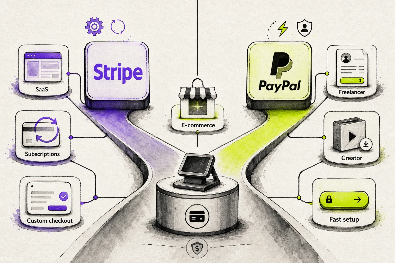 Side-by-side editorial illustration of Stripe vs PayPal with business-fit nodes for SaaS, subscriptions, freelancers, creators, custom checkout, fast setup, and e-commerce tradeoffs.