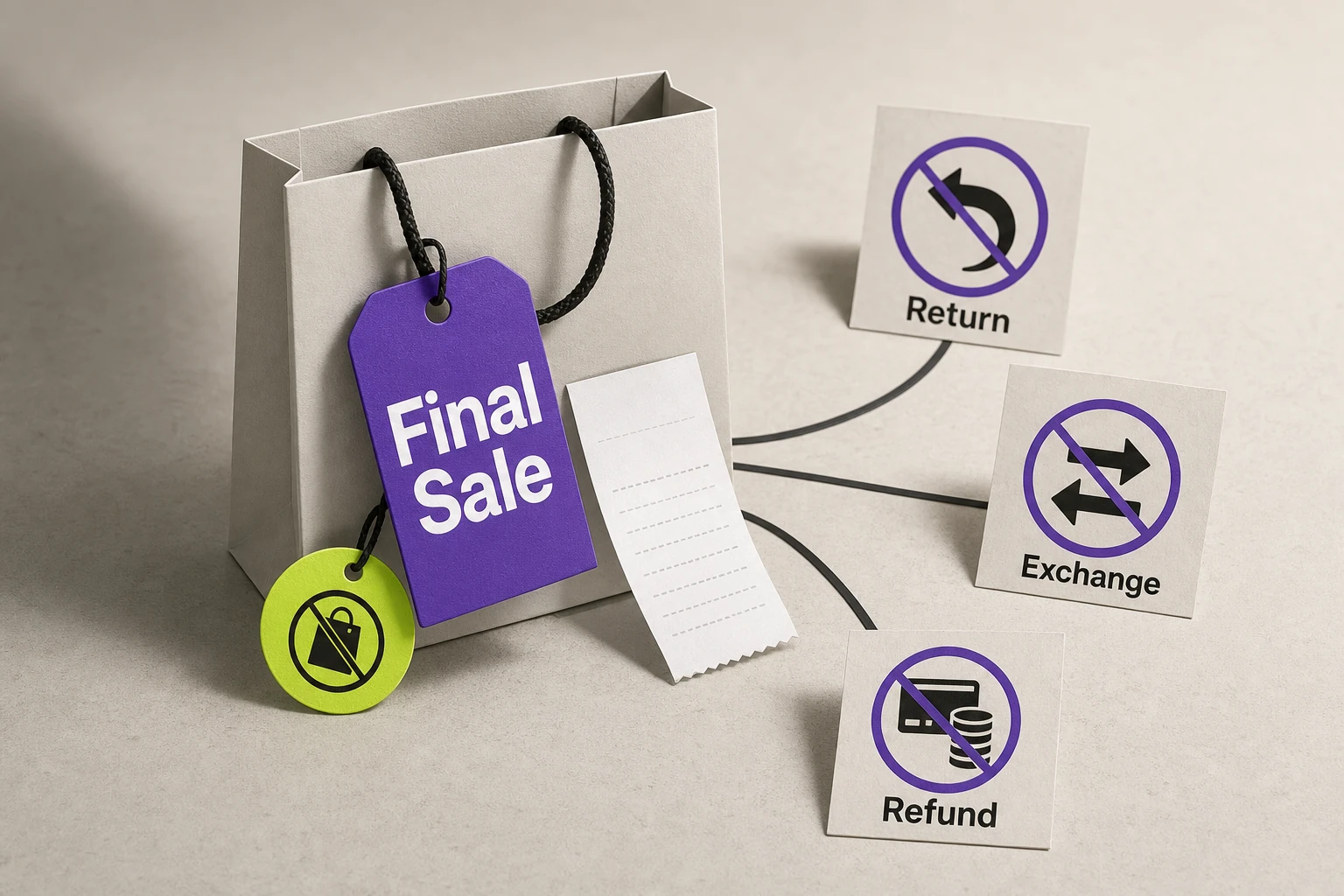 Editorial illustration explaining Final Sale Meaning with a product tagged Final Sale beside a receipt and policy tag, connected to blocked return, exchange, and refund icons.